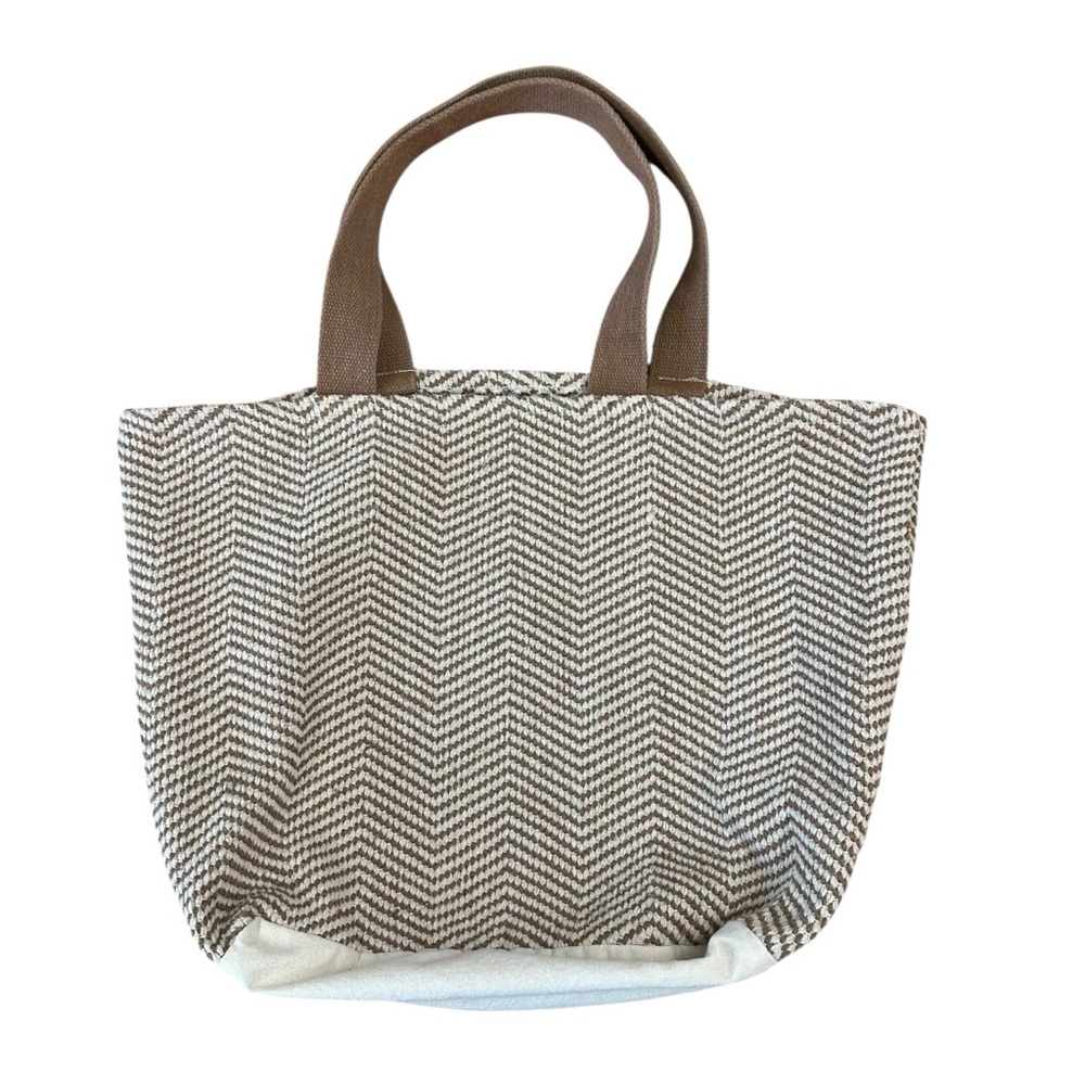 Brown and cream herringbone pattern woven canvas tote bag